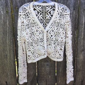 Crocheted Cream Rose and Flower Design Cardigan